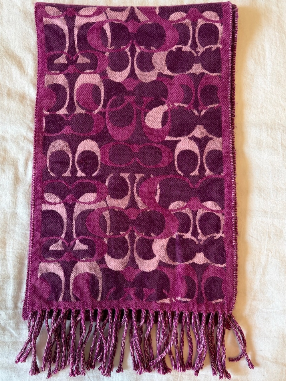 Coach Magenta Pink 100% Merino Wool Optic Signature C Monogram Design Scarf Wrap